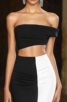 Laden Sie das Bild in den Galerie-Viewer, Schwarz und Weiß Meerjungfrau Schulterfreie Satin Lange Formelle Kleid