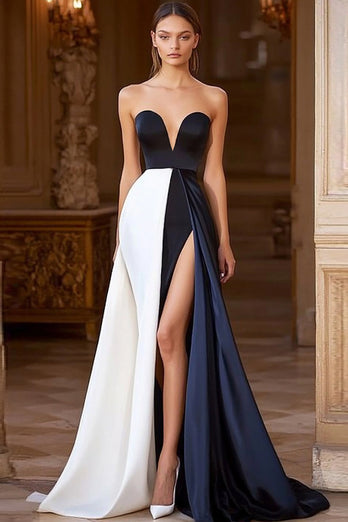 Marineblau und Weiß A Linie Herz Ausschnitt Satin Lange Formelle Kleid mit Schlitz