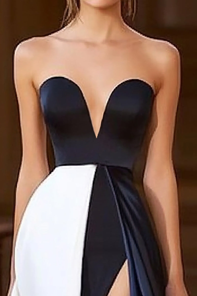 Laden Sie das Bild in den Galerie-Viewer, Marineblau und Weiß A Linie Herz Ausschnitt Satin Lange Formelle Kleid mit Schlitz