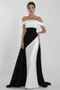 Laden Sie das Bild in den Galerie-Viewer, Schwarz und Weiß Sheath Schulterfreie Satin Lange Formelle Kleid