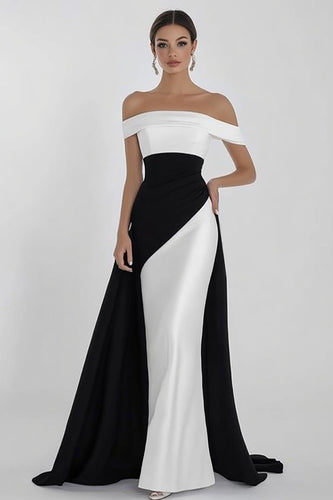 Schwarz und Weiß Sheath Schulterfreie Satin Lange Formelle Kleid