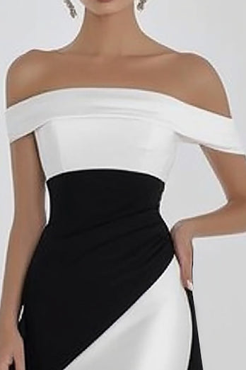 Schwarz und Weiß Sheath Schulterfreie Satin Lange Formelle Kleid