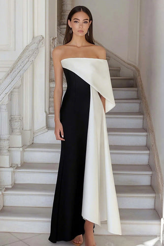 Schwarz und Weiß Sheath Satin Eine Schulter Lange Formelle Kleid