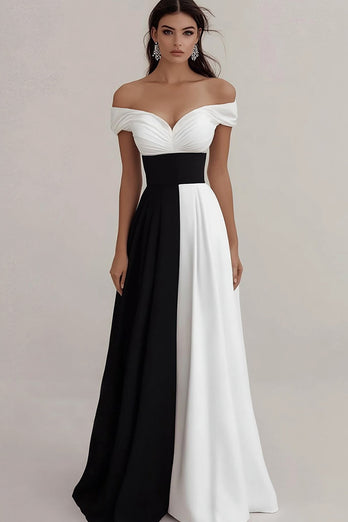 Schwarz und Weiß A Linie Schulterfreie Satin Lange Formelle Kleid