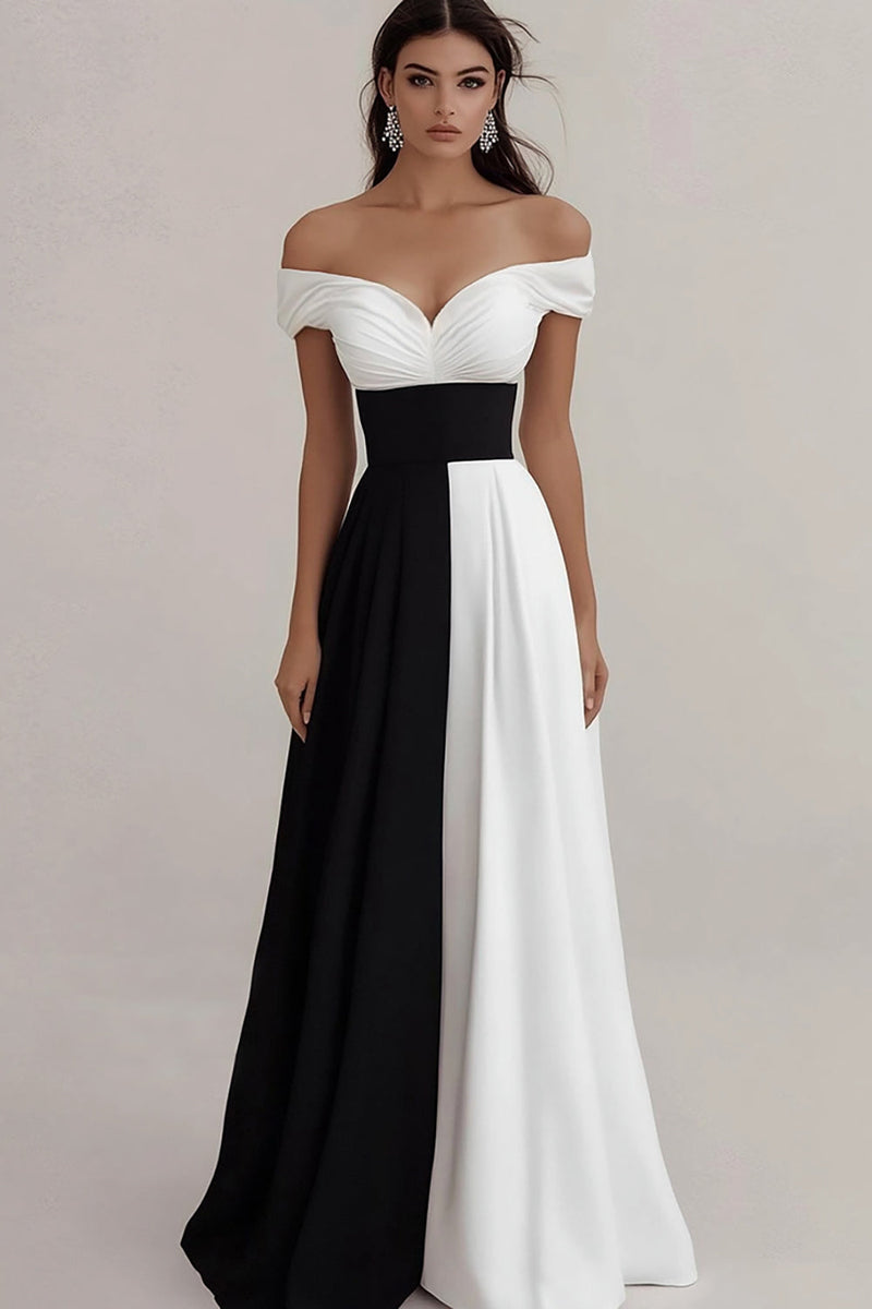 Laden Sie das Bild in den Galerie-Viewer, Schwarz und Weiß A Linie Schulterfreie Satin Lange Formelle Kleid