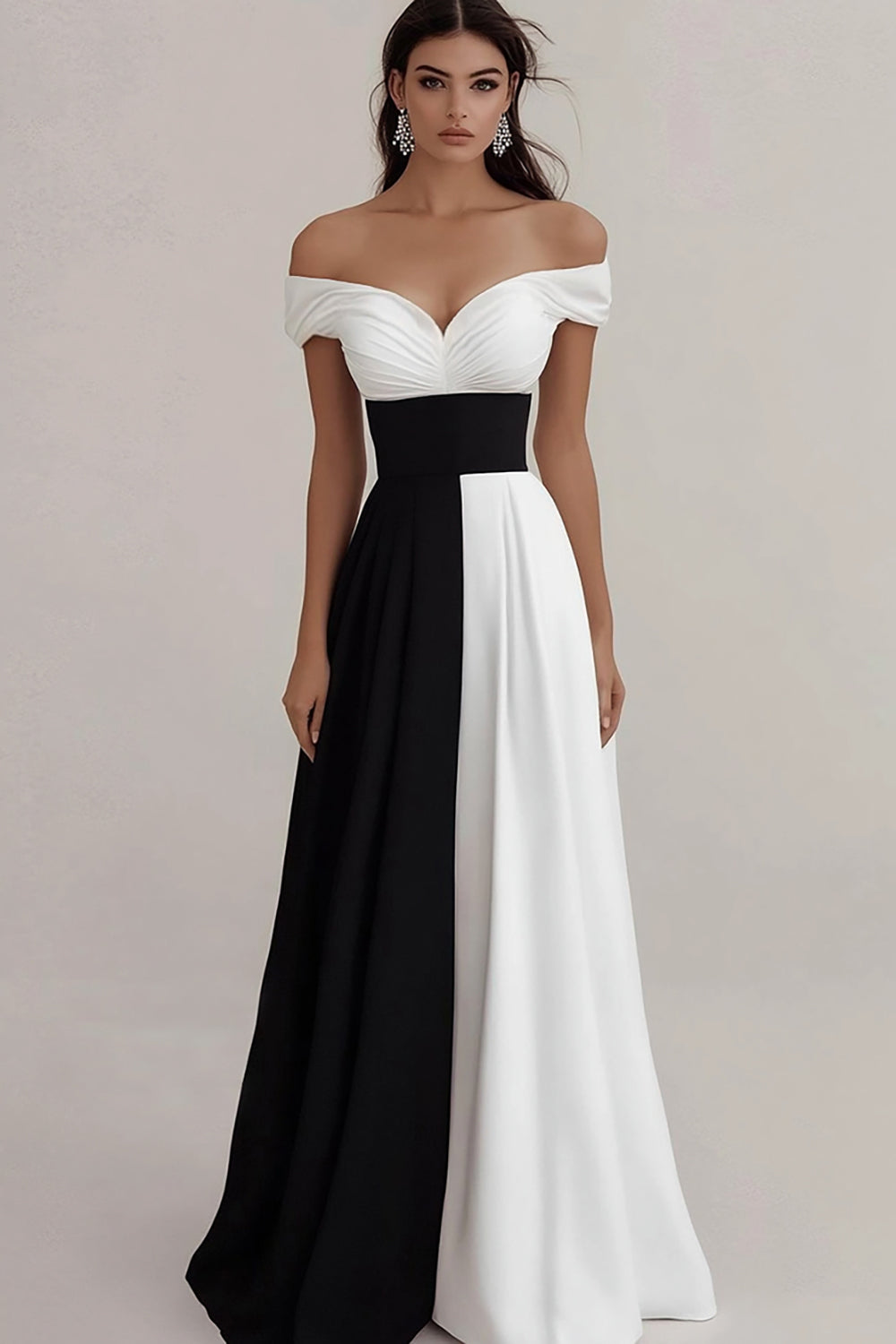Schwarz und Weiß A Linie Schulterfreie Satin Lange Formelle Kleid