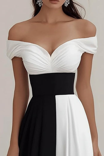 Schwarz und Weiß A Linie Schulterfreie Satin Lange Formelle Kleid