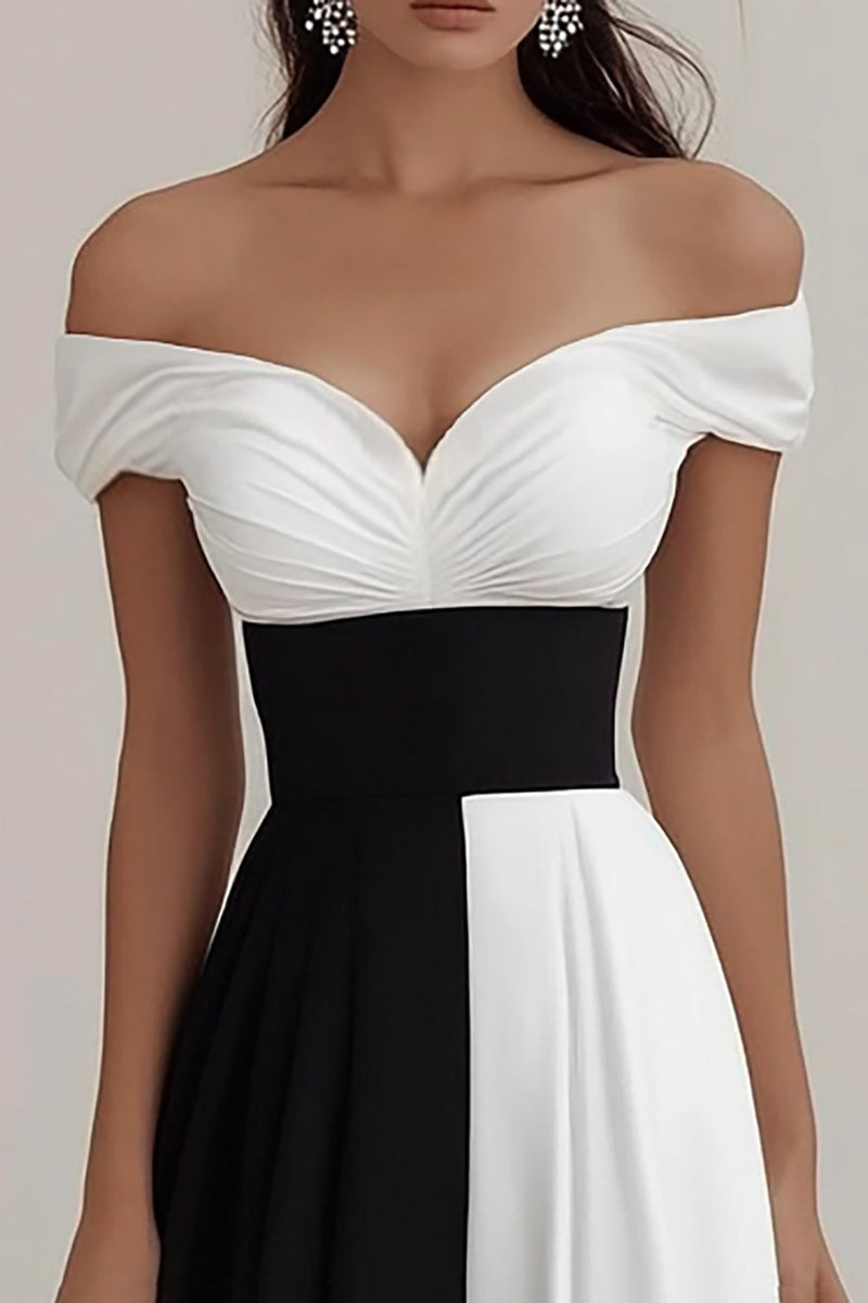 Laden Sie das Bild in den Galerie-Viewer, Schwarz und Weiß A Linie Schulterfreie Satin Lange Formelle Kleid