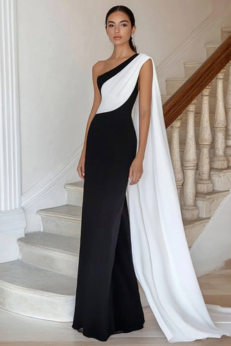 Schwarz und Weiß Sheath Eine Schulter Satin Lange Formelle Kleid mit Side Cape