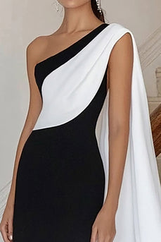 Schwarz und Weiß Sheath Eine Schulter Satin Lange Formelle Kleid mit Side Cape