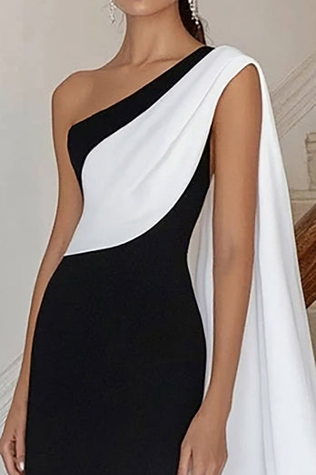 Schwarz und Weiß Sheath Eine Schulter Satin Lange Formelle Kleid mit Side Cape