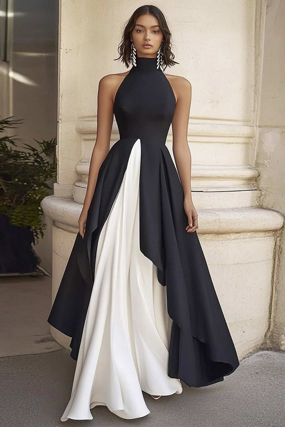 Schwarz und Weiß A Linie Rollkragen Satin Lange Formelle Kleid