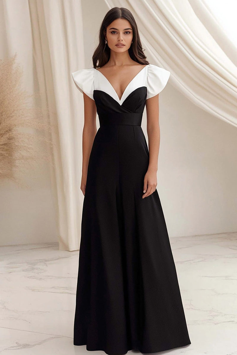 Laden Sie das Bild in den Galerie-Viewer, Schwarz und Weiß A Linie V Ausschnitt Satin Lange Formelle Kleid mit Rüschen