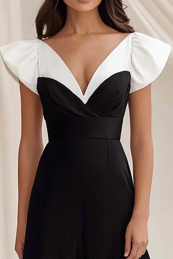 Schwarz und Weiß A Linie V Ausschnitt Satin Lange Formelle Kleid mit Rüschen