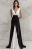 Laden Sie das Bild in den Galerie-Viewer, Schwarz und Weiß A Linie Satin V Ausschnitt Rüschen Lange Formelle Kleid