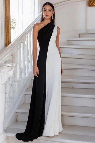 Schwarz und Weiß Sheath Eine Schulter Lange Formelle Kleid