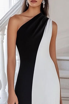 Schwarz und Weiß Sheath Eine Schulter Lange Formelle Kleid