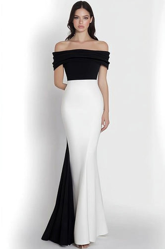 Schwarz und Weiß Meerjungfrau Satin Schulterfreie Lange Formelle Kleid
