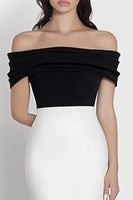 Laden Sie das Bild in den Galerie-Viewer, Schwarz und Weiß Meerjungfrau Satin Schulterfreie Lange Formelle Kleid