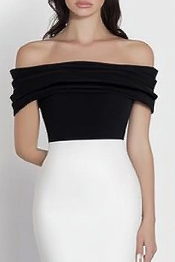 Schwarz und Weiß Meerjungfrau Satin Schulterfreie Lange Formelle Kleid