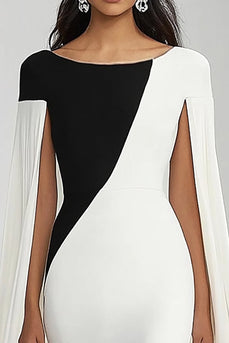 Schwarz und Weiß Etui U Boot Ausschnitt Lange Formelle Kleid mit Cape