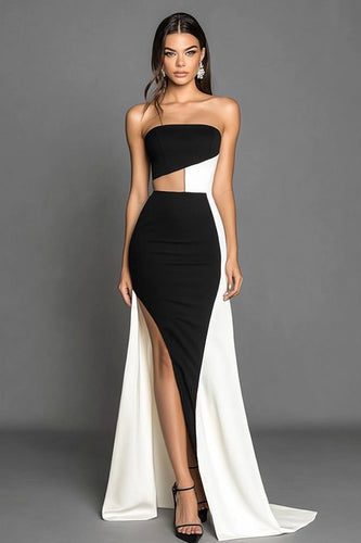 Schwarz und Weiß Etui Trägerlos Satin Lange Formelle Kleid mit Schlitz
