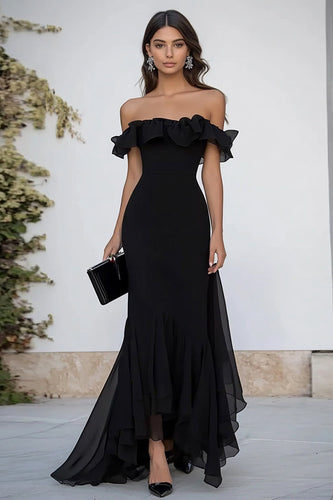 Schwarz Meerjungfrau Chiffon Lange Formelle Kleid mit Rüschen