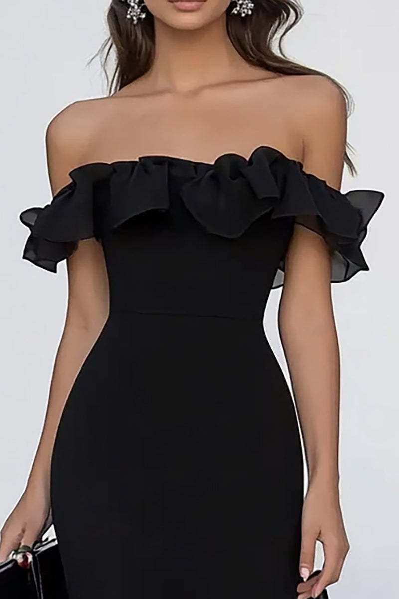 Laden Sie das Bild in den Galerie-Viewer, Schwarz Meerjungfrau Chiffon Lange Formelle Kleid mit Rüschen