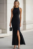 Laden Sie das Bild in den Galerie-Viewer, Schwarz Damen Satin Lange Formelle Etui Kleid mit Schlitz High Ausschnitt Ballkleid