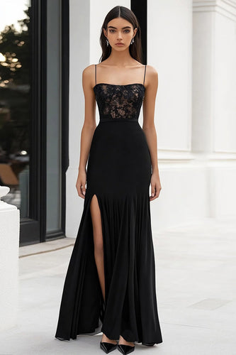 Schwarz Sheath Spaghettiträger Lange Formelle Kleid mit Applikationen
