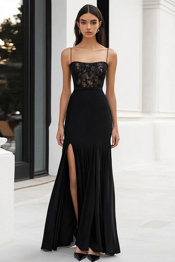 Schwarz Sheath Spaghettiträger Lange Formelle Kleid mit Applikationen