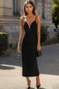 Laden Sie das Bild in den Galerie-Viewer, Schwarz Damen Sheath Satin Lange Formelle Kleid V Ausschnitt Spaghettiträger Ballkleid