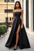 Laden Sie das Bild in den Galerie-Viewer, Schwarz Damen Satin Spaghettiträger Lange Formelle Kleid mit Schlitz A Linie Ballkleid