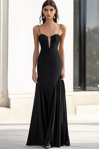 Schwarz Damen Spaghettiträger Lange Formelle Kleid mit Applikationen V Ausschnitt Etui Ballkleid