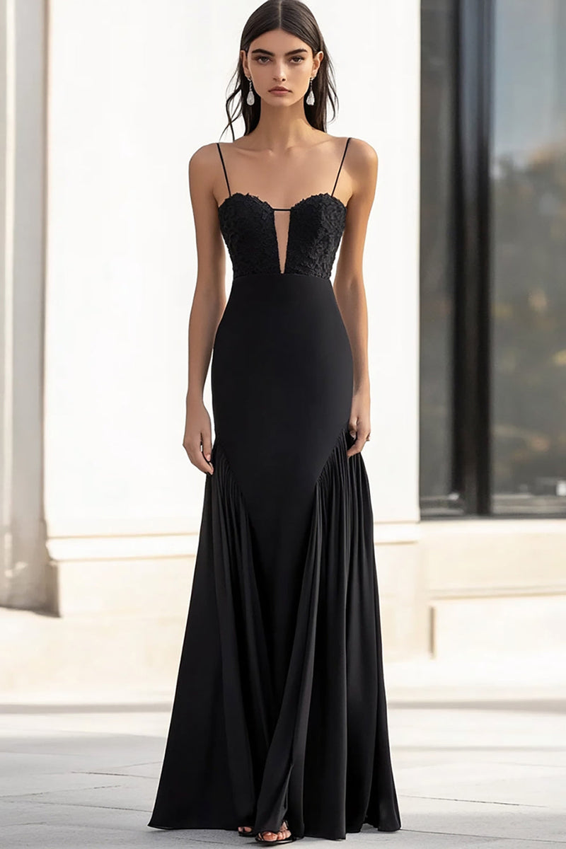 Laden Sie das Bild in den Galerie-Viewer, Schwarz Damen Spaghettiträger Lange Formelle Kleid mit Applikationen V Ausschnitt Etui Ballkleid