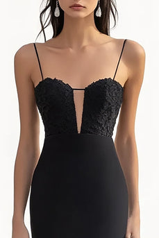 Schwarz Sheath Spaghettiträger Lange Formelle Kleid mit Applikationen