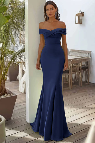 Marineblau Schulterfreie Satin Rüschen Meerjungfrau Lange Formelle Kleid