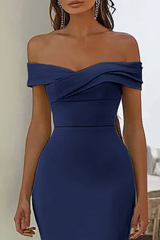 Marineblau Schulterfreie Satin Rüschen Meerjungfrau Lange Formelle Kleid
