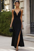 Laden Sie das Bild in den Galerie-Viewer, Schwarz V Ausschnitt Satin Sheath Lange Formelle Kleid mit Schlitz