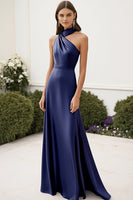 Laden Sie das Bild in den Galerie-Viewer, Damen Kleid Marineblau Neckholder Satin Lange Formelle A Linie Abendkleid