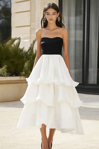Schwarz und Weiß Chiffon A Linie Lange Formelle Kleid mit Rüschen