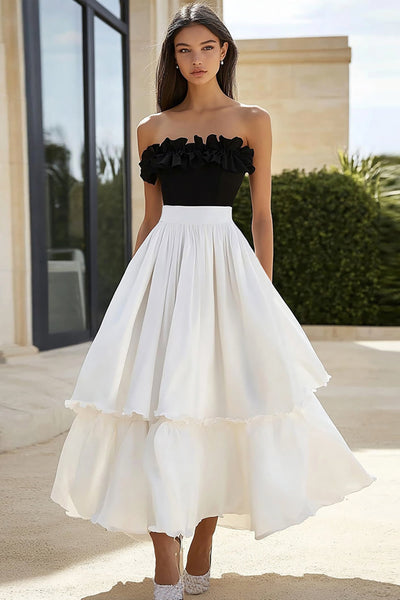 Schwarz und Weiß TieRot A Linie Lange Formelle Kleid mit Rüschen