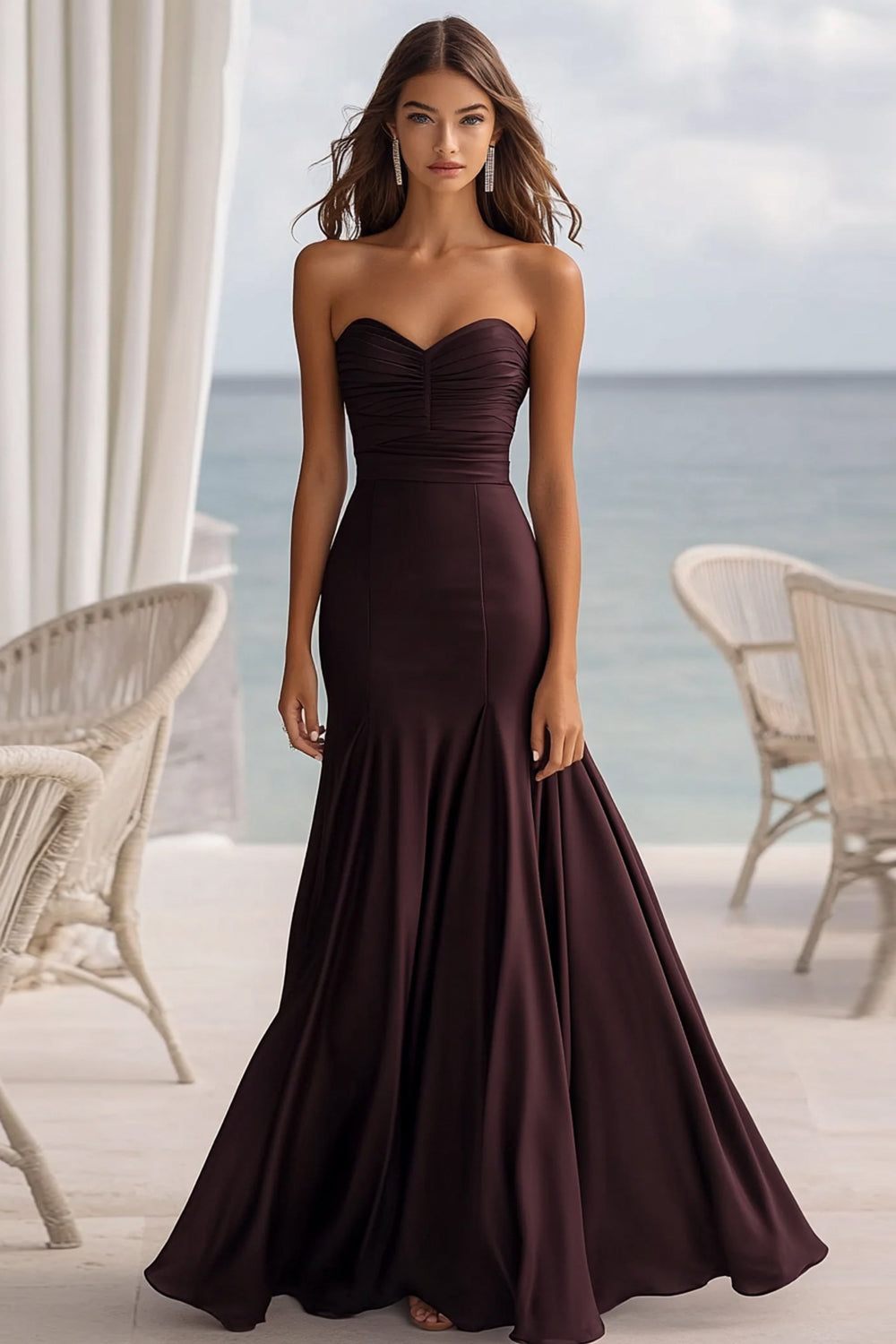 Kaffee Meerjungfrau Chiffon Herz Ausschnitt Lange Formelle Kleid