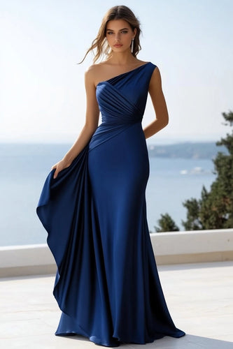 Marineblau Satin Eine Schulter Meerjungfrau Lange Formelle Kleid