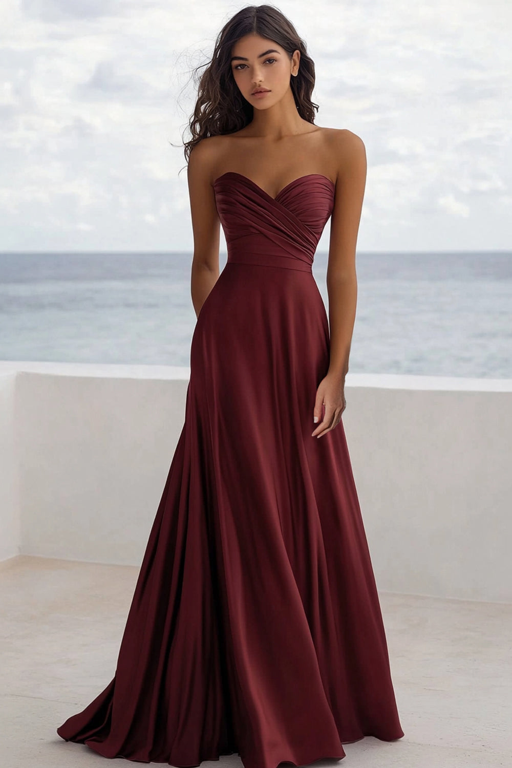 Bordeaux A Linie Satin Herz Ausschnitt Lange Formelle Kleid