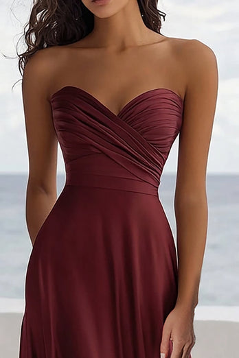 Bordeaux A Linie Satin Herz Ausschnitt Lange Formelle Kleid