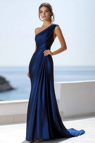 Marineblau Meerjungfrau Rüschen Satin Eine Schulter Lange Formelle Kleid