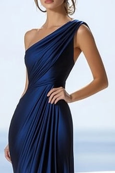 Marineblau Meerjungfrau Rüschen Satin Eine Schulter Lange Formelle Kleid