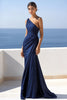 Laden Sie das Bild in den Galerie-Viewer, Marineblau Eine Schulter Satin Rüschen Meerjungfrau Lange Formelle Kleid