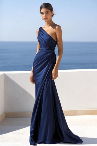 Marineblau Eine Schulter Satin Rüschen Meerjungfrau Lange Formelle Kleid